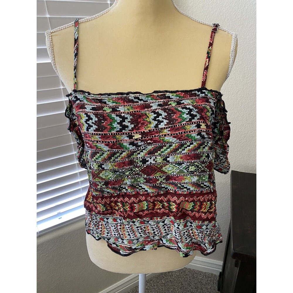 NWT LOVE Tease Spaghetti strap open shoulder crop printed top blouse SZ S